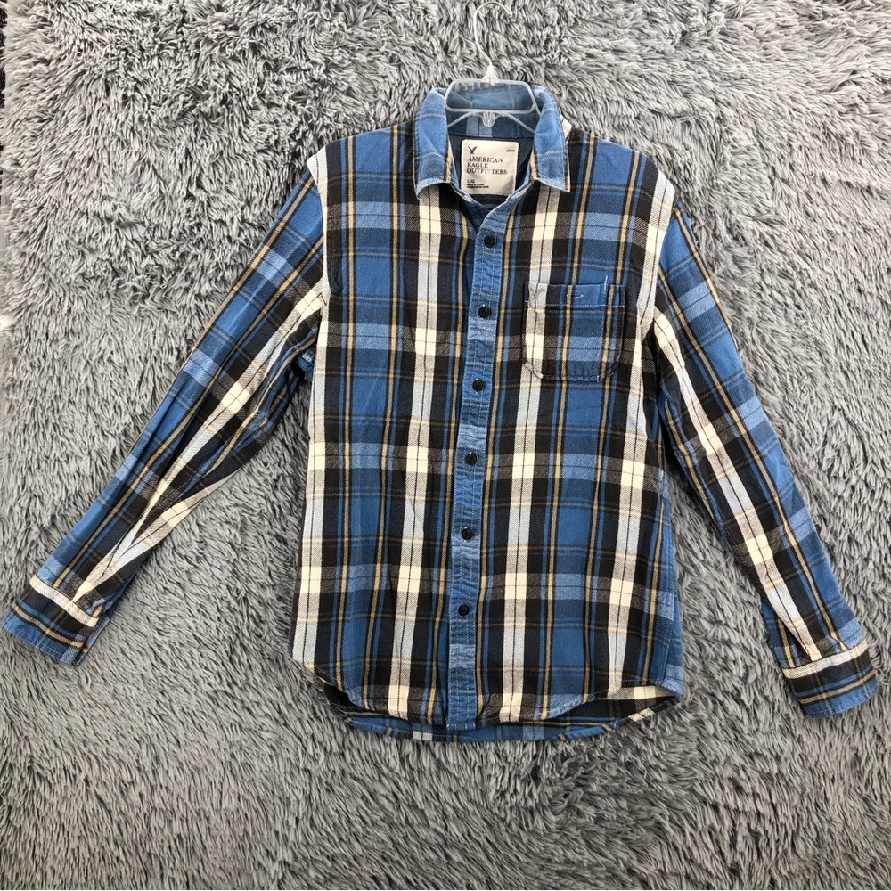 American Eagle Outfitters Shirt Mens Large Blue Plaid Flannel Button Down L/S